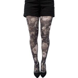 White Floral Patterned Printed Tights For Women, Plus Size Available